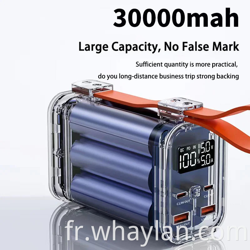 Whaylan Nouvelle alimentation d'arrivée 20000mAh 30000mAh Type-C Cable Mini Backup Portable Emergency Charger PD 100W Charge Fast Charging Mobile Power Bank for Outdoor Home